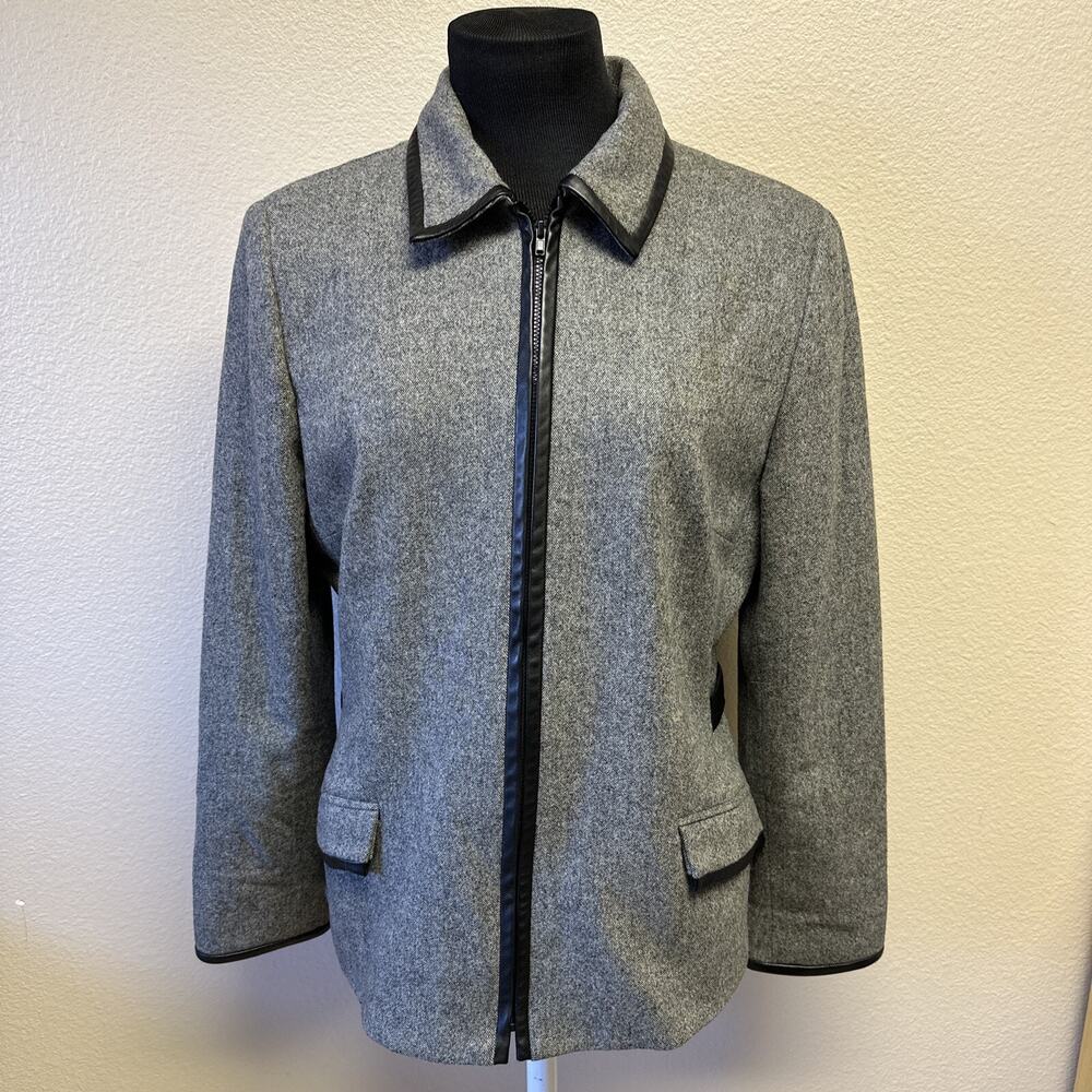 VTG Oscar De La Renta Sz 10 Gray lined Wool Jacket Leather Trim Classic Designer - Picture 1 of 12